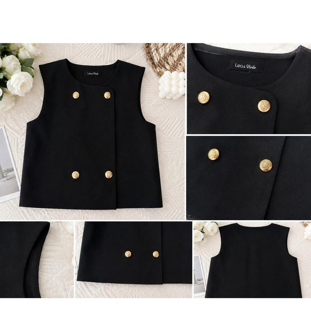 Lea & Viola woman Black Sleeveless Vest Top Gold Button Detail Size L